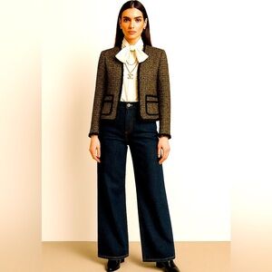 Michael Kors Wool Boucle Tweed Blazer Gold Metallic Fringe Lady Jacket Coat Sz 6